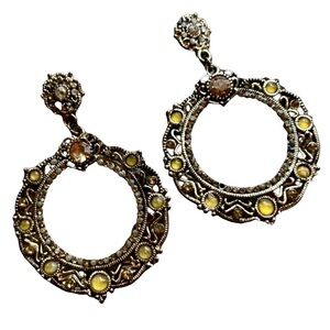 Brass Filigree Earrings with Yellow Accent Stones